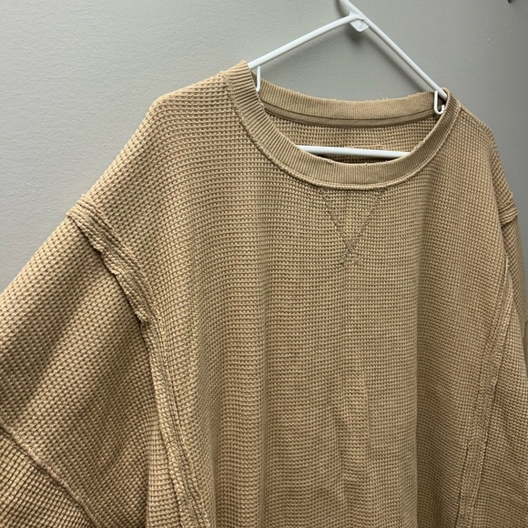 American Eagle Tan ‘This Feels Seriously Lived-In’ Oversized WaffleKnit Crewneck - Picture 2 of 5